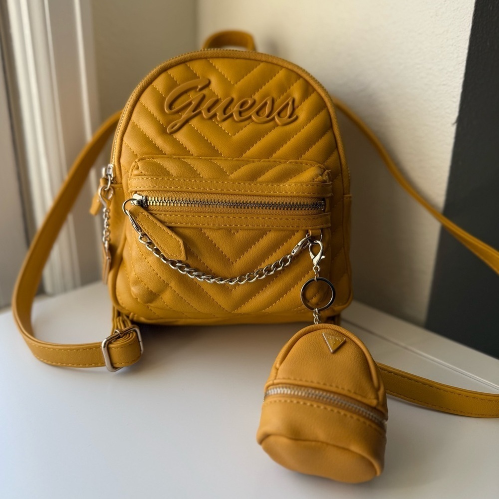 Guess Yellow Mustard Beautiful Quilted Mini Backpack with Charm and Chain